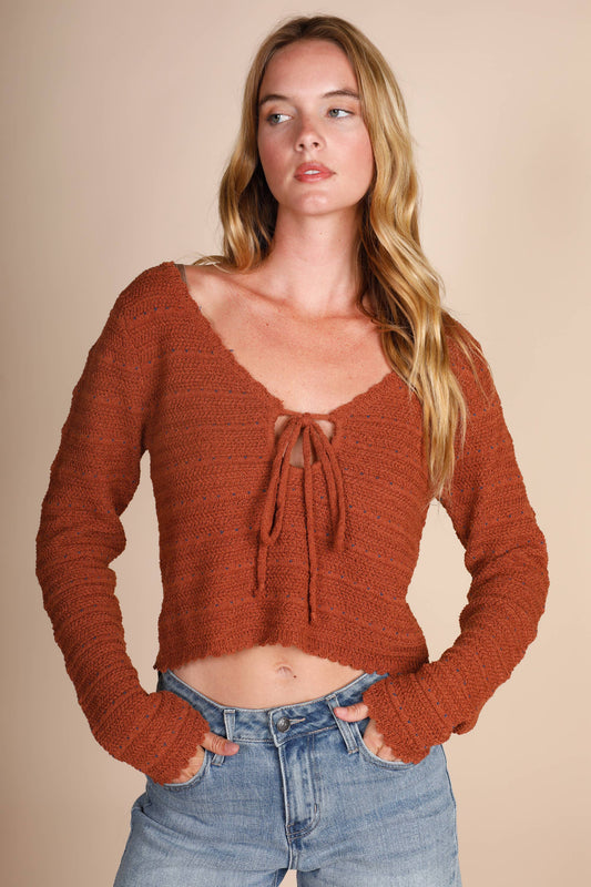 DEEP V KEY HOLE BOW TIE LONG SLV TOP: Brown / S