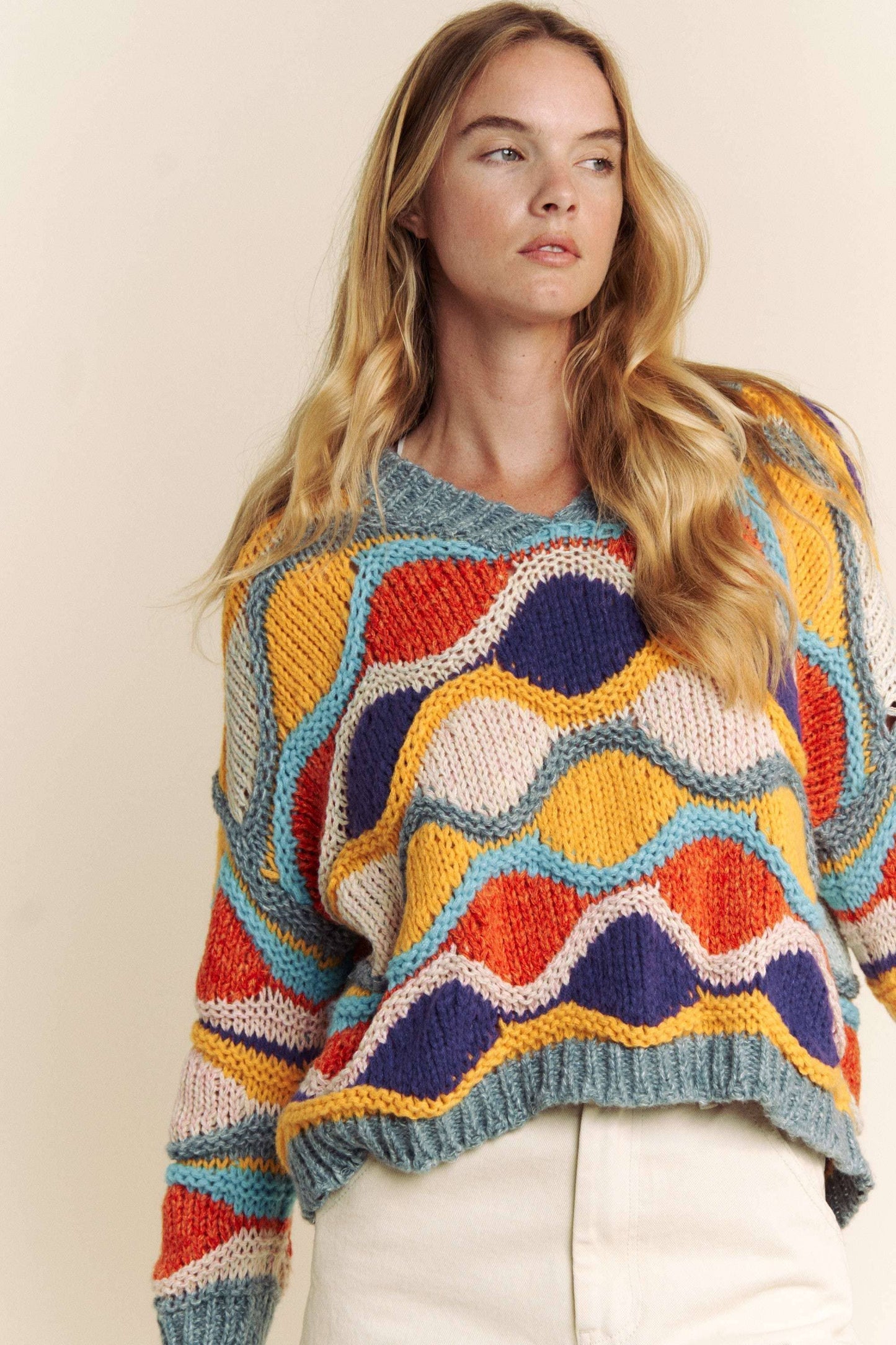 V NECK LONG SLEEVE MULTI COLOR SWEATER TOP: MULTI / S