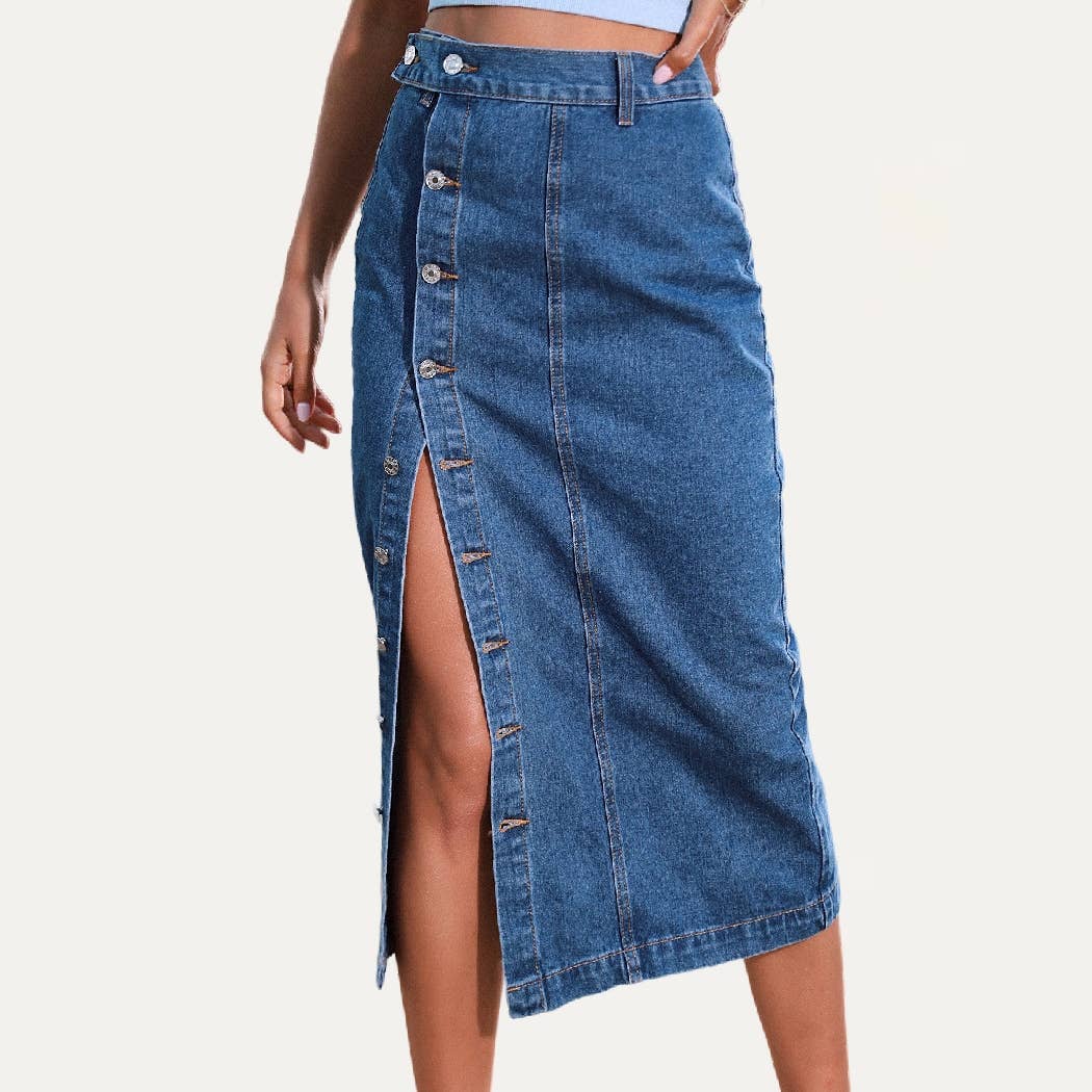 Always Chic Buttons High-Rise Denim Midi Skirt: DARK WASH / XS
