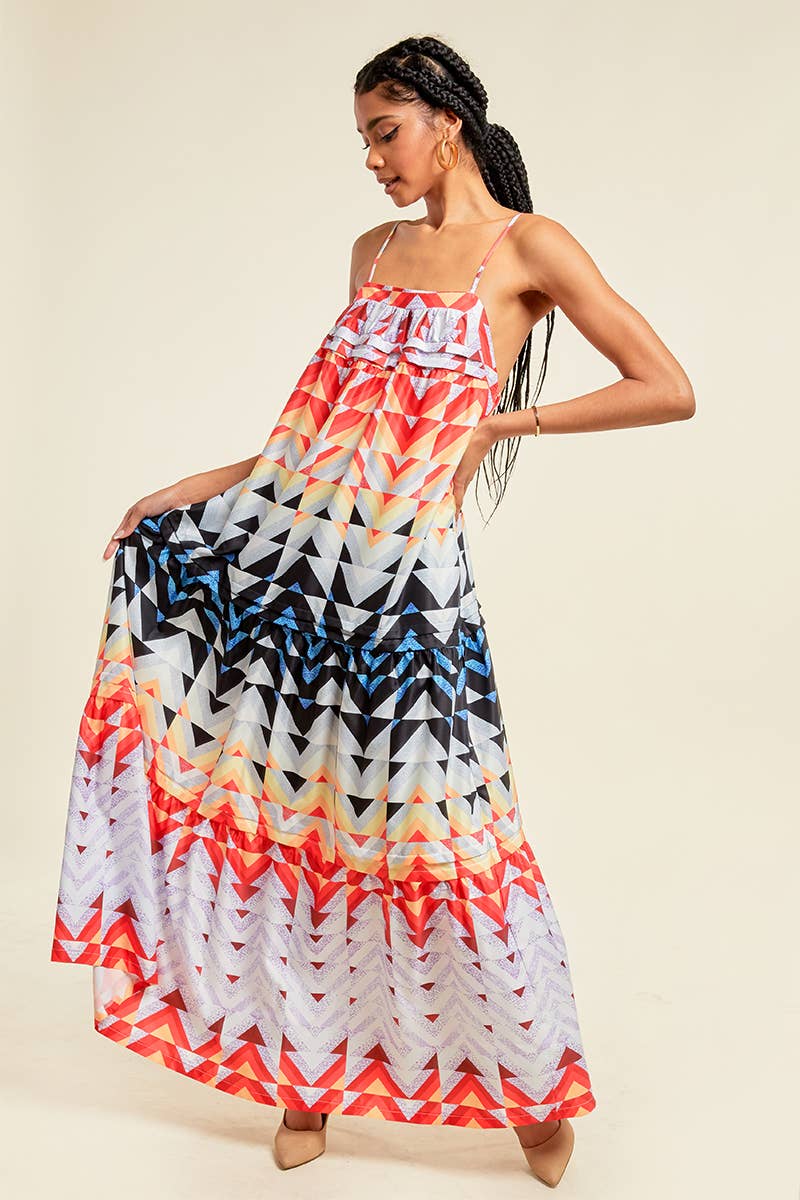 PRINTED MAXI DRESS WITH POCKETS AND ADJUSTABLE STRAPS