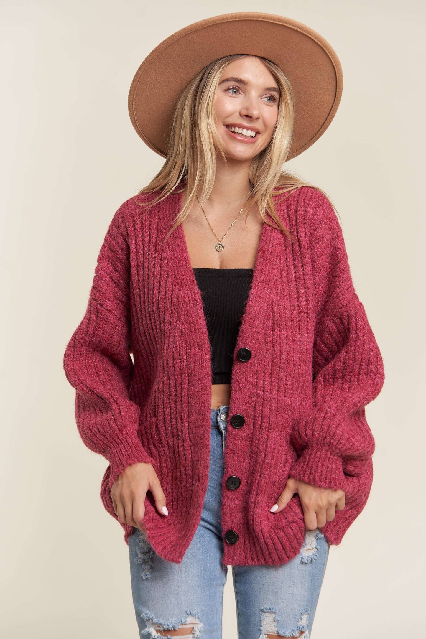 LESW3441A -  BUTTON DOWN COZY SWEATER CARDIGAN: HOT PINK / M/L