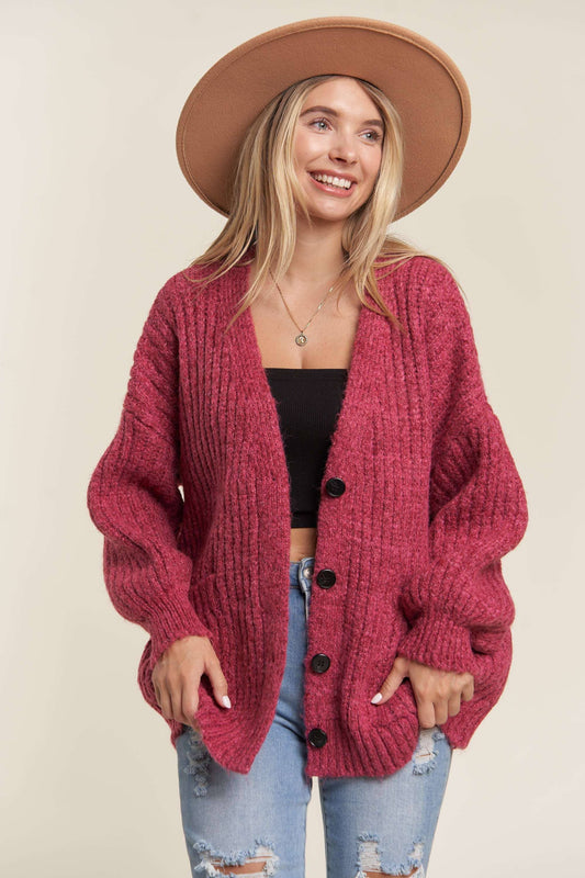 LESW3441A -  BUTTON DOWN COZY SWEATER CARDIGAN: HOT PINK / M/L