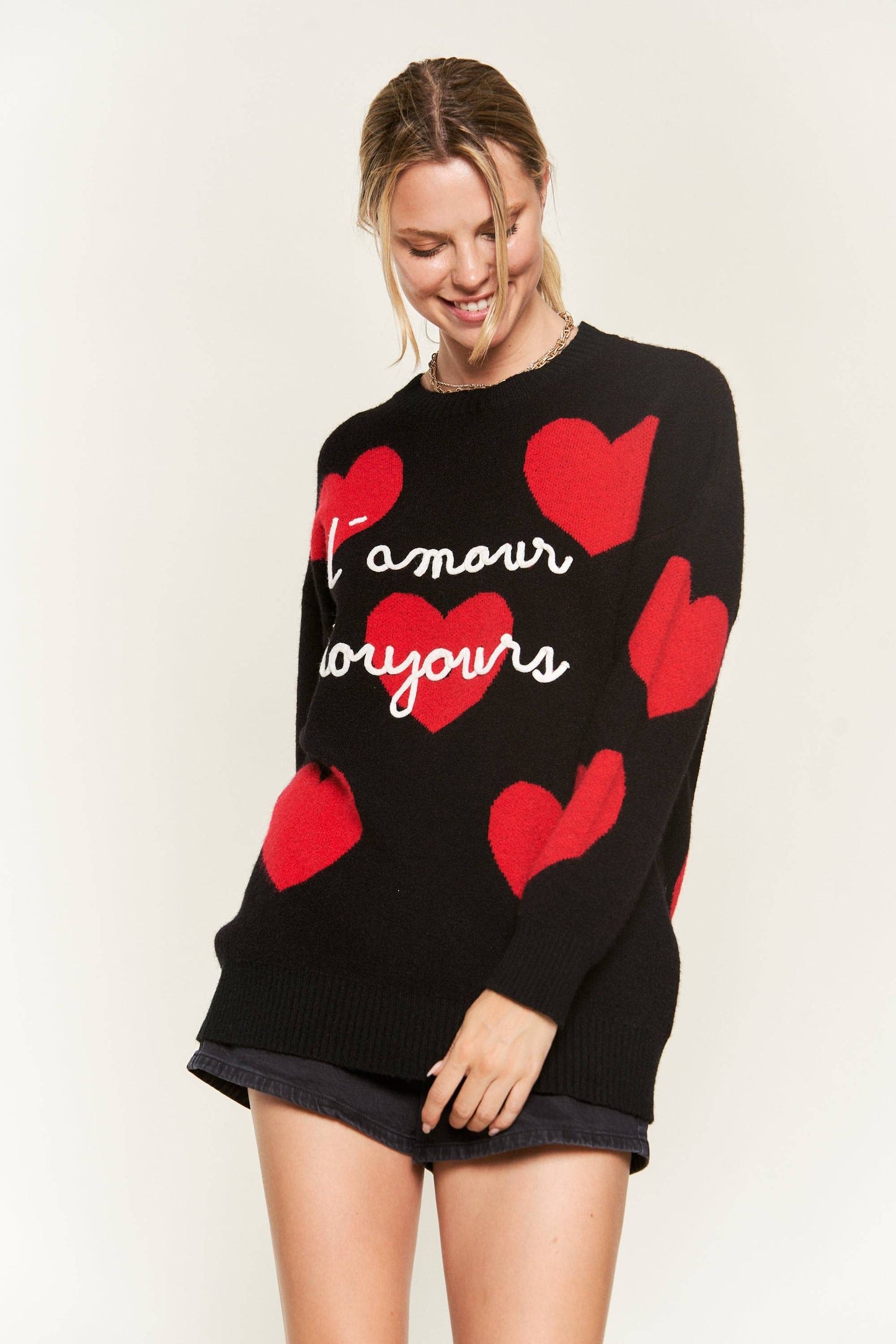 VALENTINE'S HEART PRINT OVERSIZED SWEATER: S/M