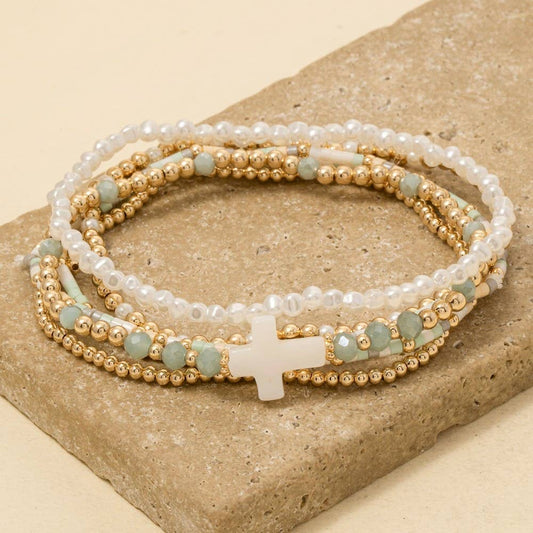 Sea Shell Cross Charm Mixed Mini Beaded Bracelet Set: MINT