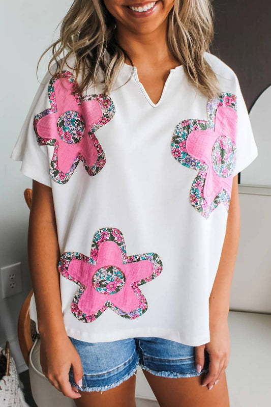 Applique Notched V Neck Dolman Sleeve Top: White / L