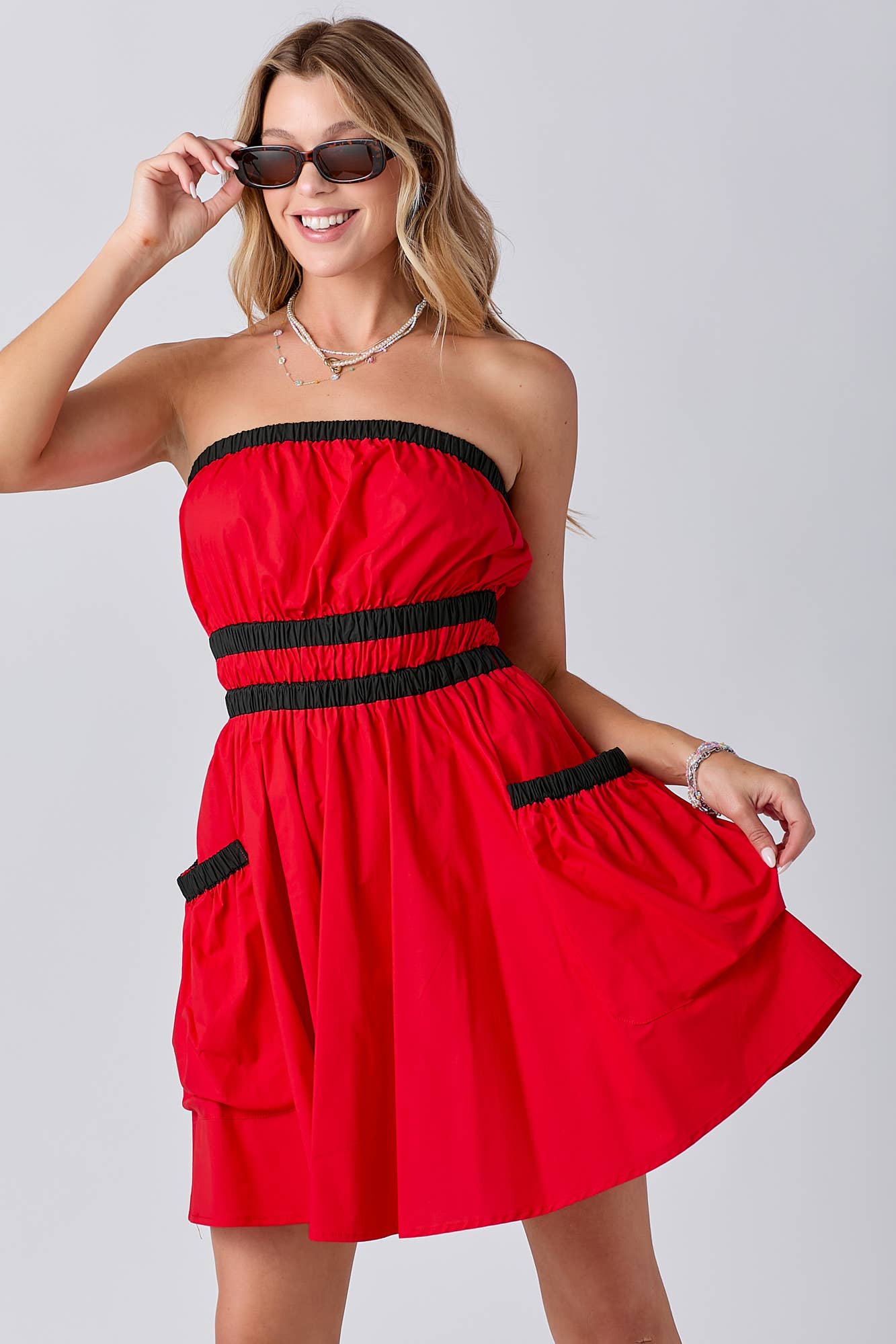 Gameday Contrast Gathered Over Sized Pocket Tube Dress : RED/BLK / L