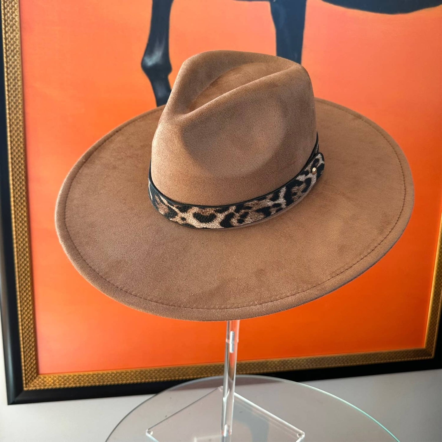Wide Brim Suede Hat W/ Leopard printed belt: TEAL / ONE SIZE