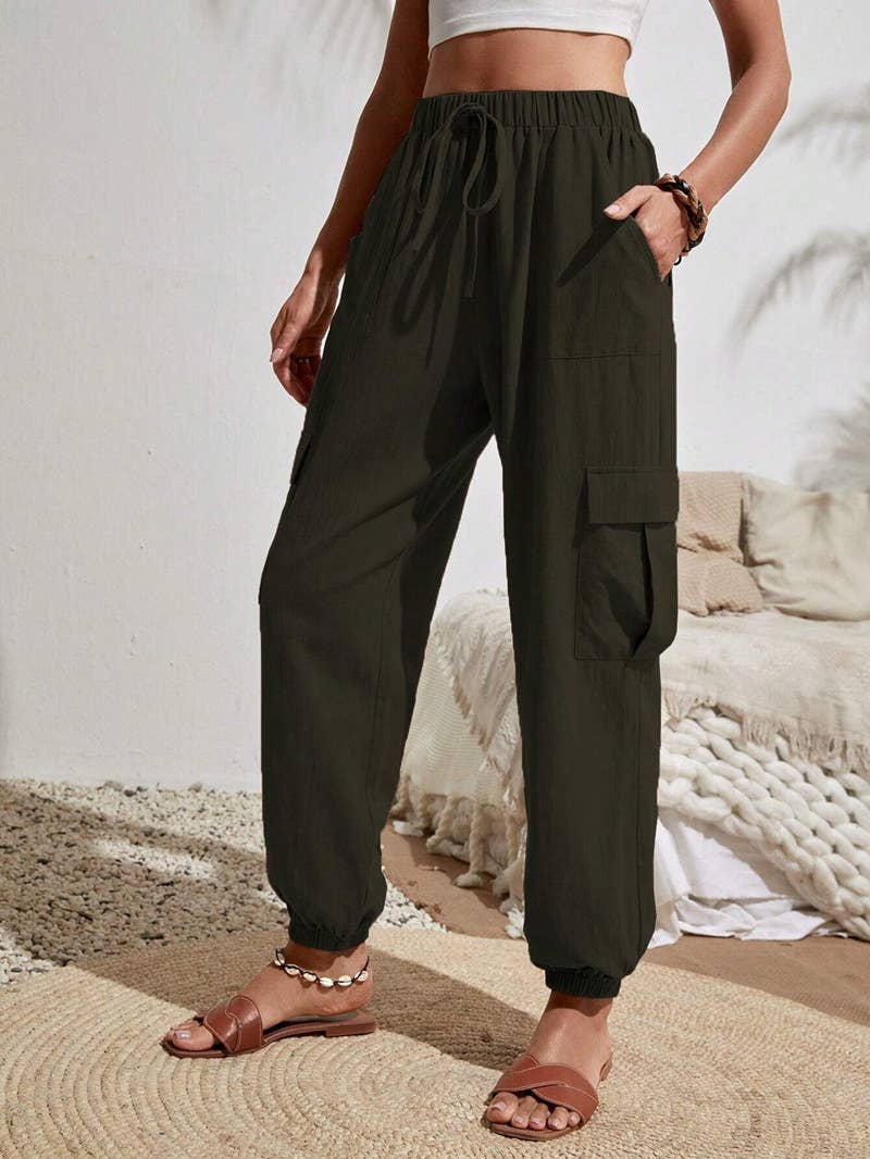 Wash Water Crepe Pocket Casual Cargo Pants: Green / M