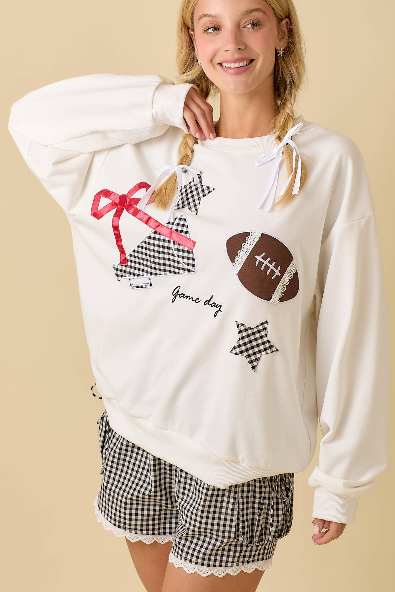 Football Game Day Patchwork Long Sleeve Crewneck Top: WHITE / S