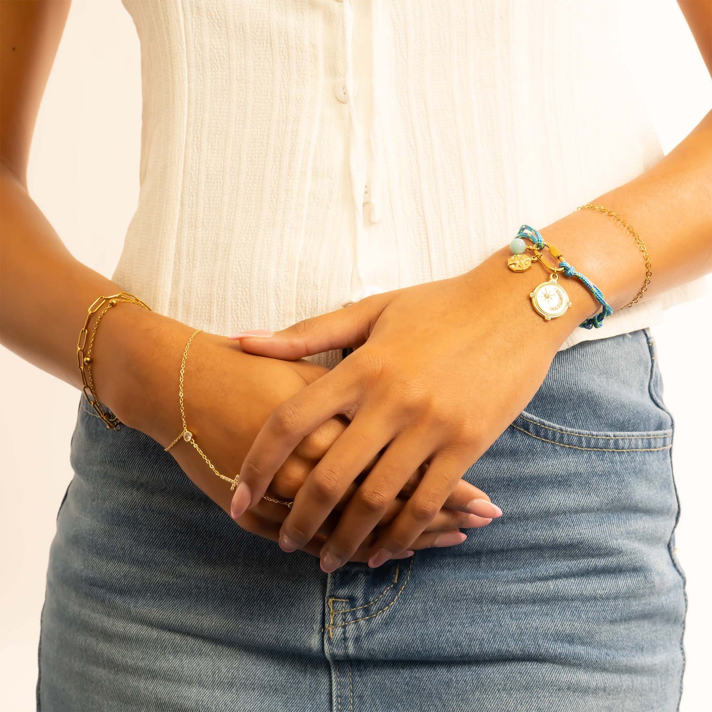 18K Gold PVD Stainless Steel Teal Rope Carabiner Bracelet: Gold