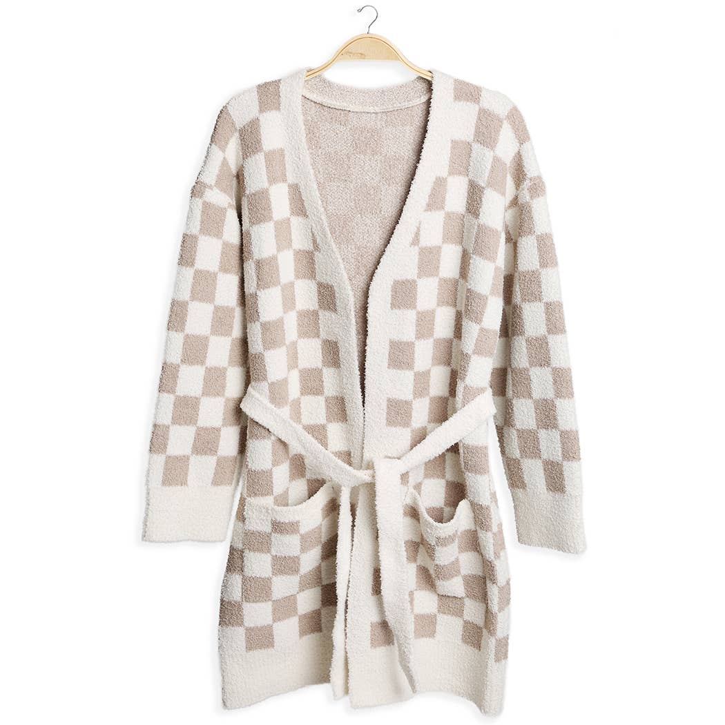 Cozy Checkered Robe with Pocket & Belt : BEIGE / ONE SIZE