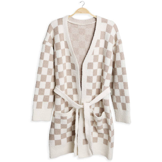 Cozy Checkered Robe with Pocket & Belt : BEIGE / ONE SIZE