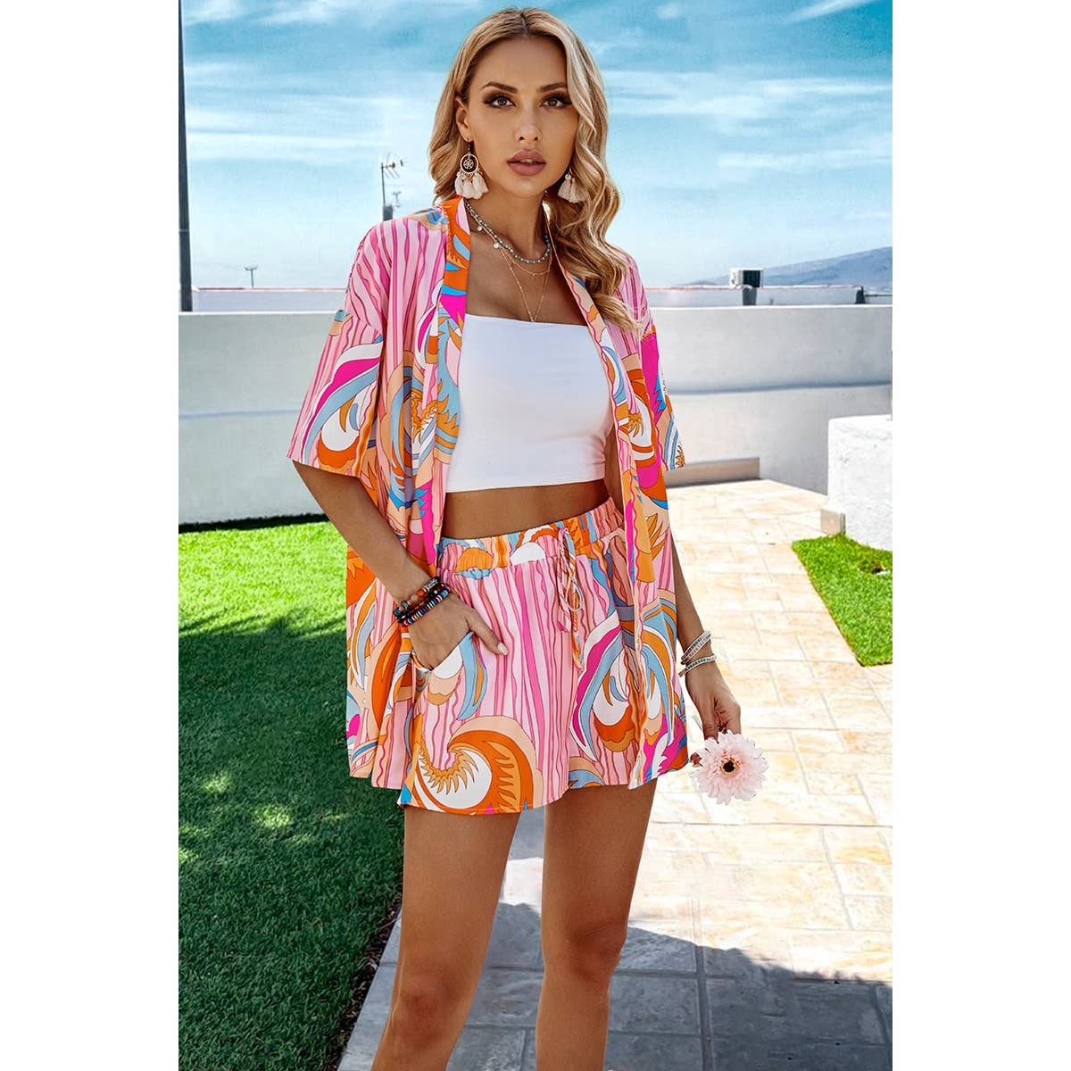 Graphic Print Drop Shoulder Blouse Tie Front Shorts: PINK / M