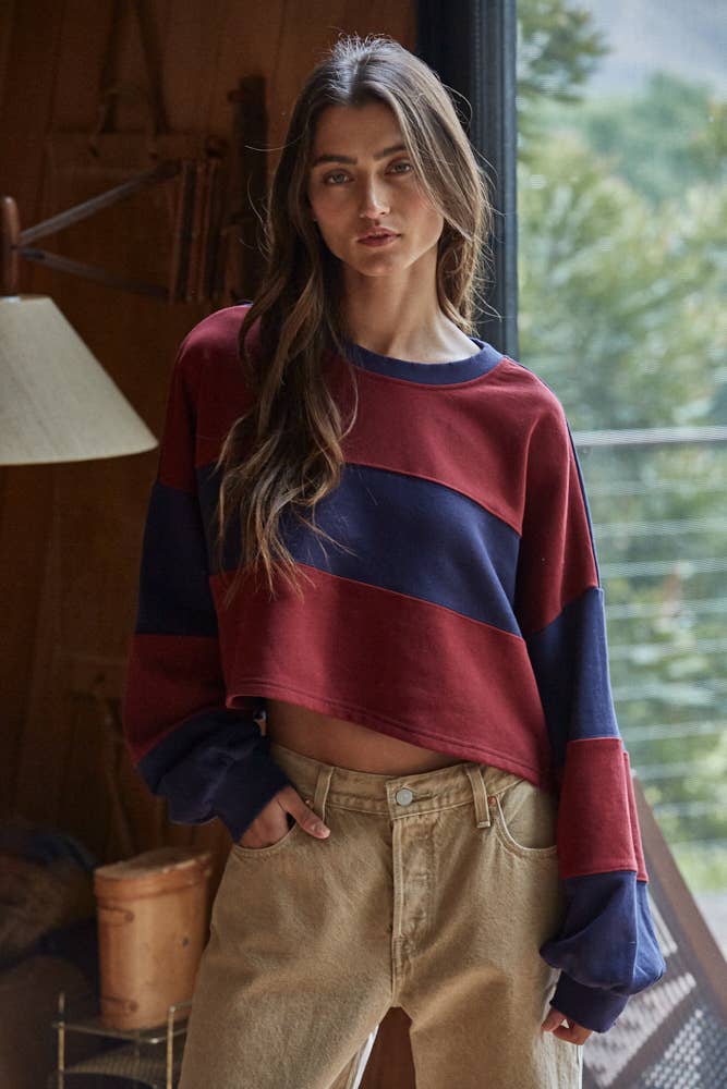 L7467 | Knit Cotton Striped Cropped Pullover Top: Navy Yellow / S
