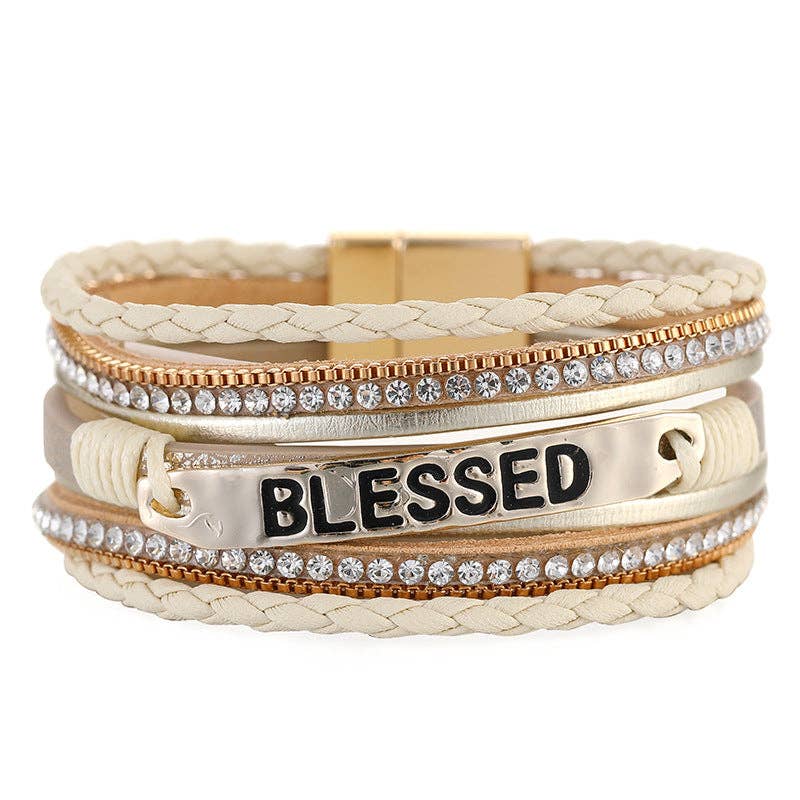 BLESSED Multi-Layer Leather Bracelet Magnetic Buckle Bangle: Black
