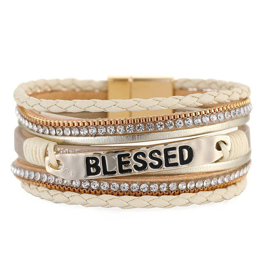 BLESSED Multi-Layer Leather Bracelet Magnetic Buckle Bangle: Apricot