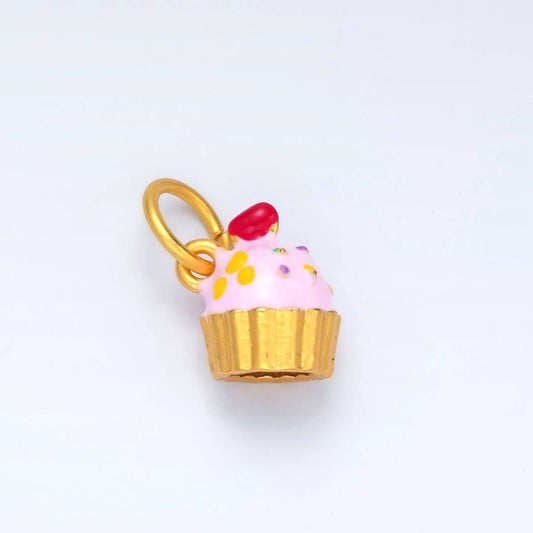 24K Gold Filled Pink Sprinkled Cupcake Enamel Charm | AG922