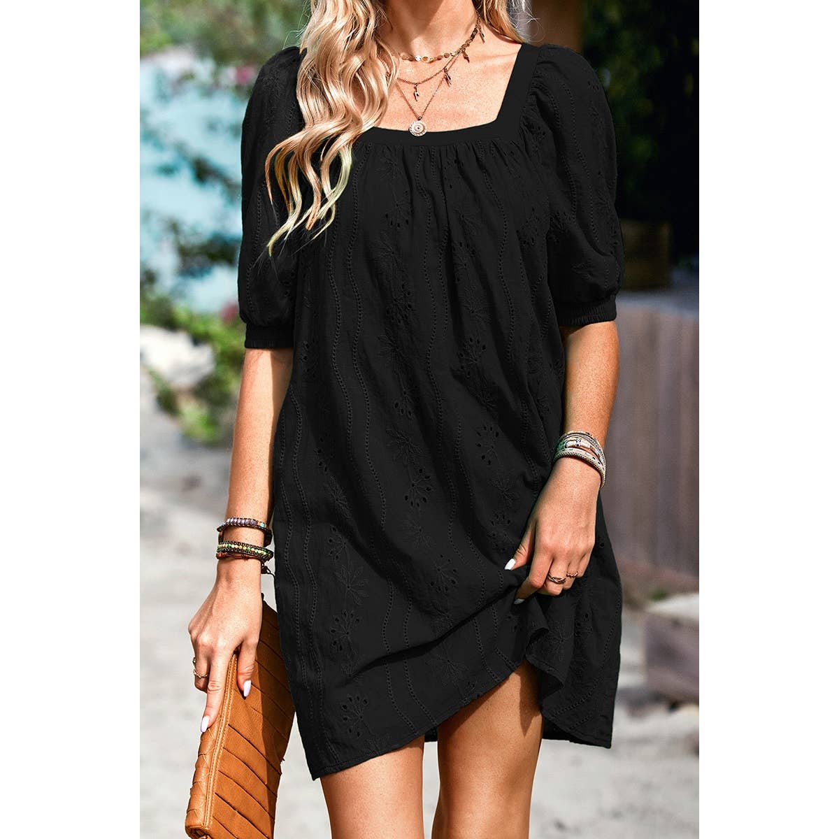 Square Neck Short Bubble Sleeve Babydoll Dress: WHITE / L