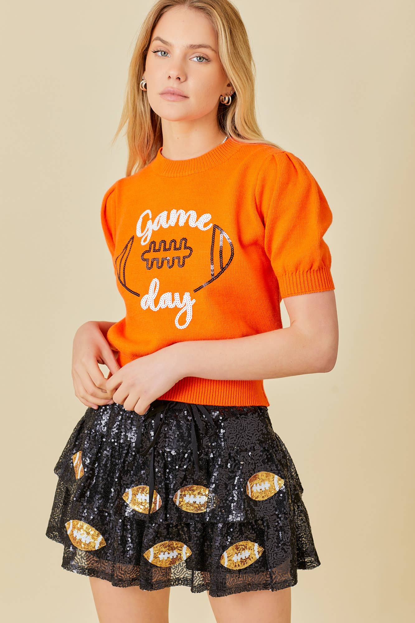 Game Day Puff Sleeve Sweater Top: Red / S