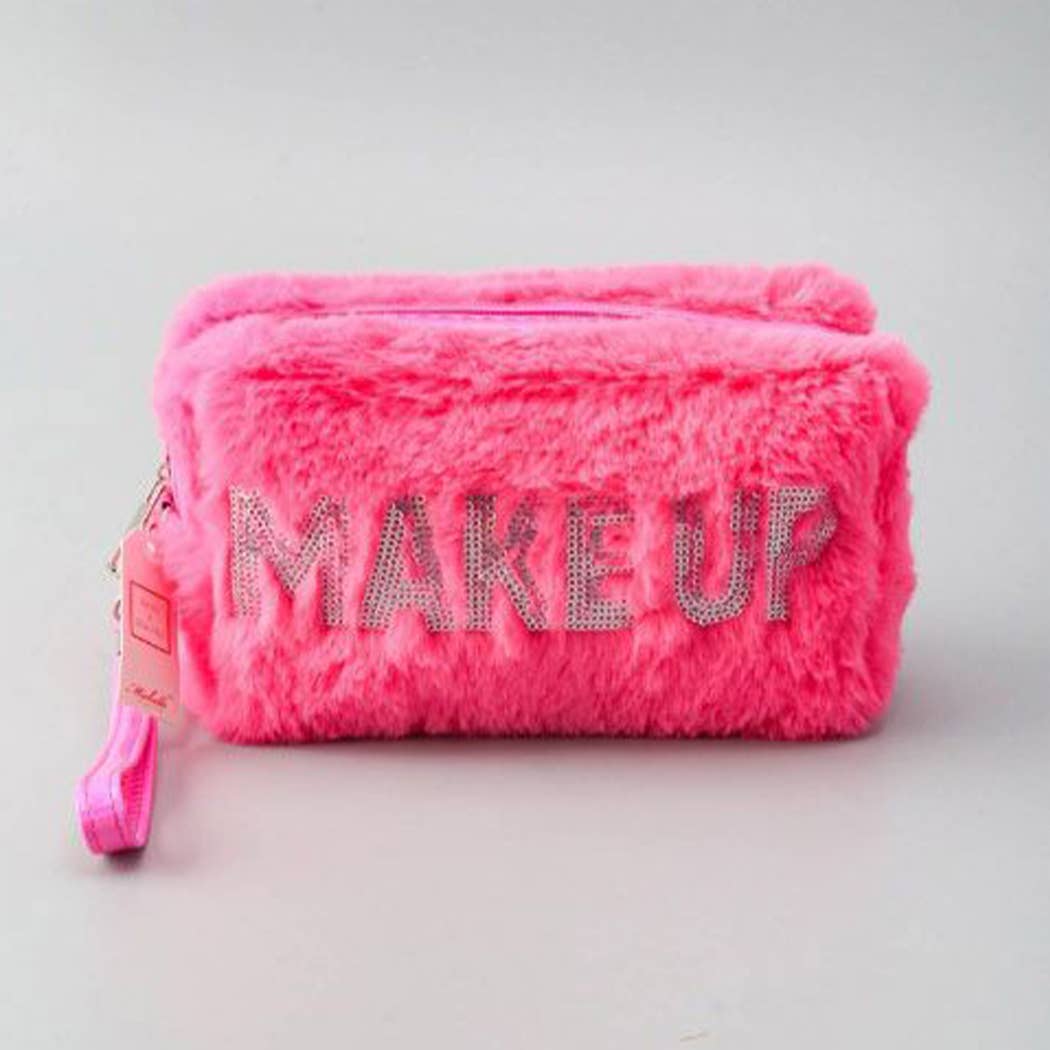 Make Up Letter Decorated Furry Cosmetic Bag: Pink / ONE SIZE