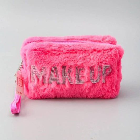 Make Up Letter Decorated Furry Cosmetic Bag: Pink / ONE SIZE