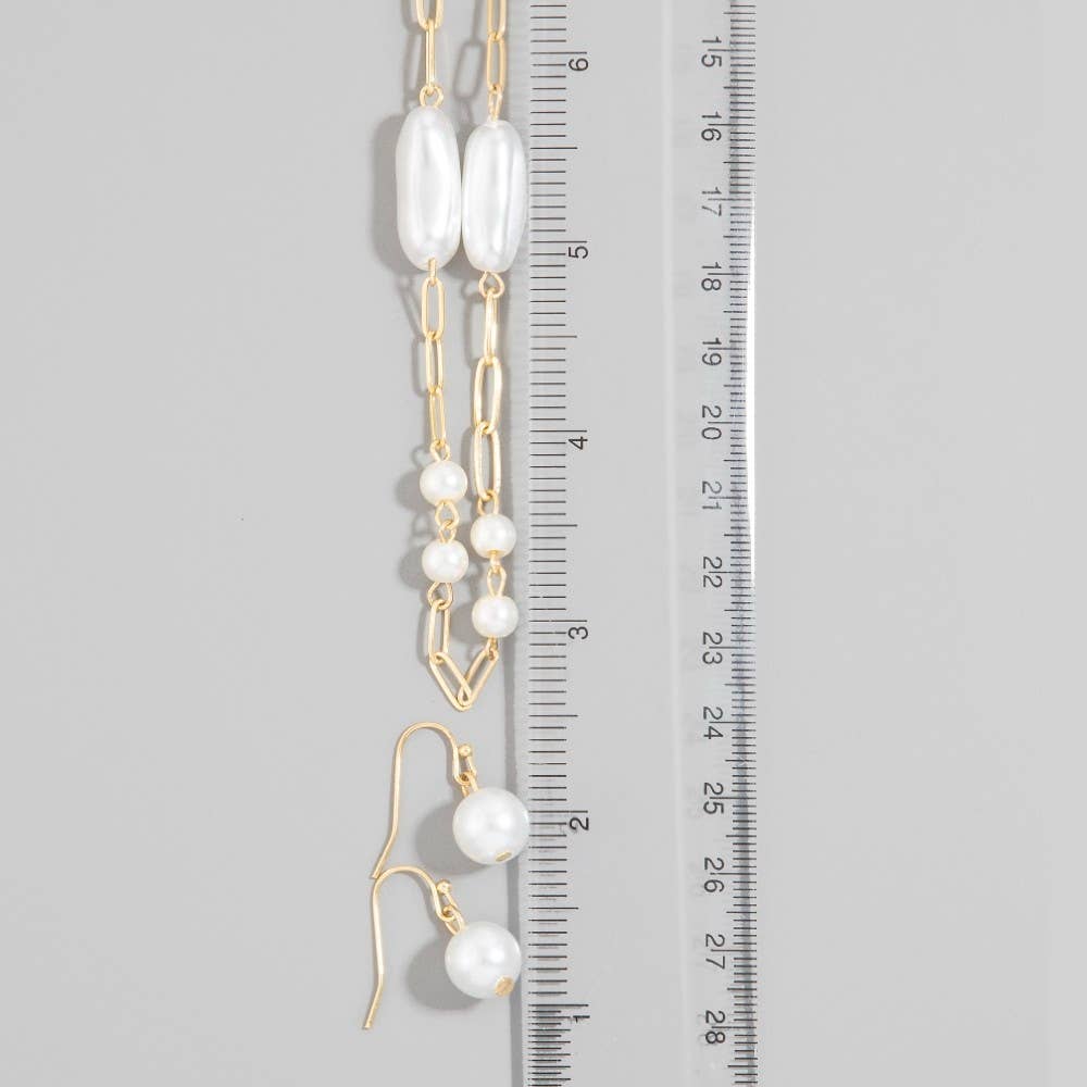 Long Pearl Station Chain Necklace Set: GD