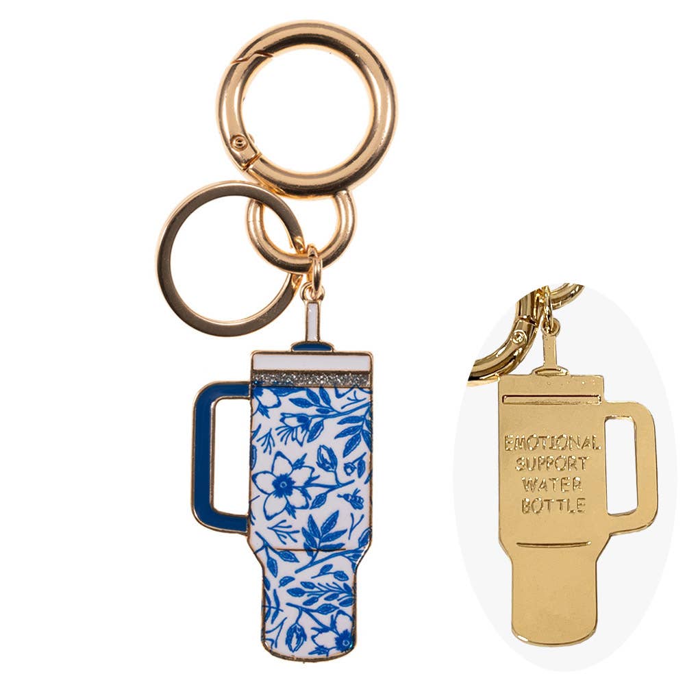 Enamel Floral Tumbler Back Engraved Keychain Bag Charm: Blue