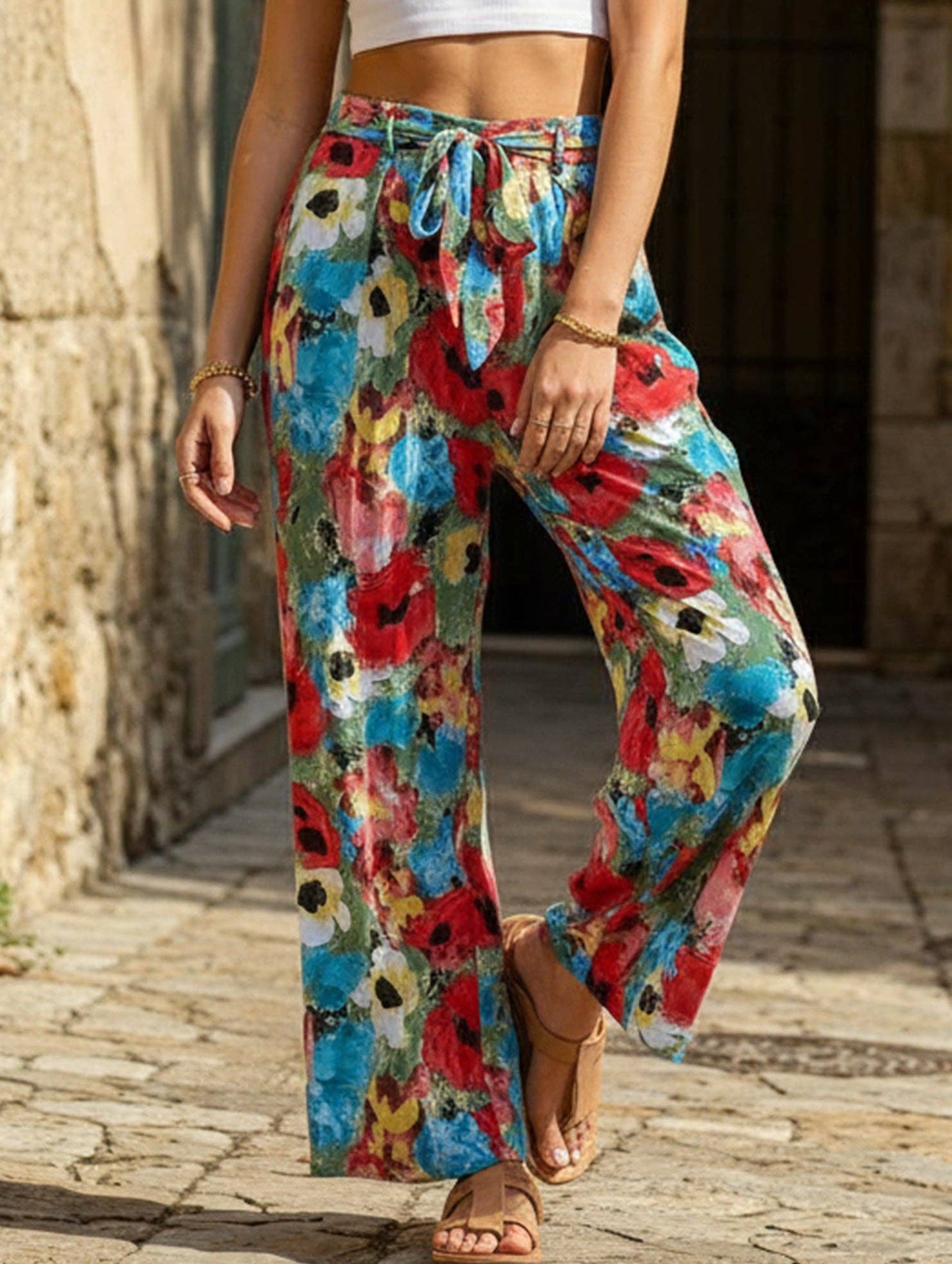 High-waisted casual vacation wide-leg pants: Green / (XL) 1