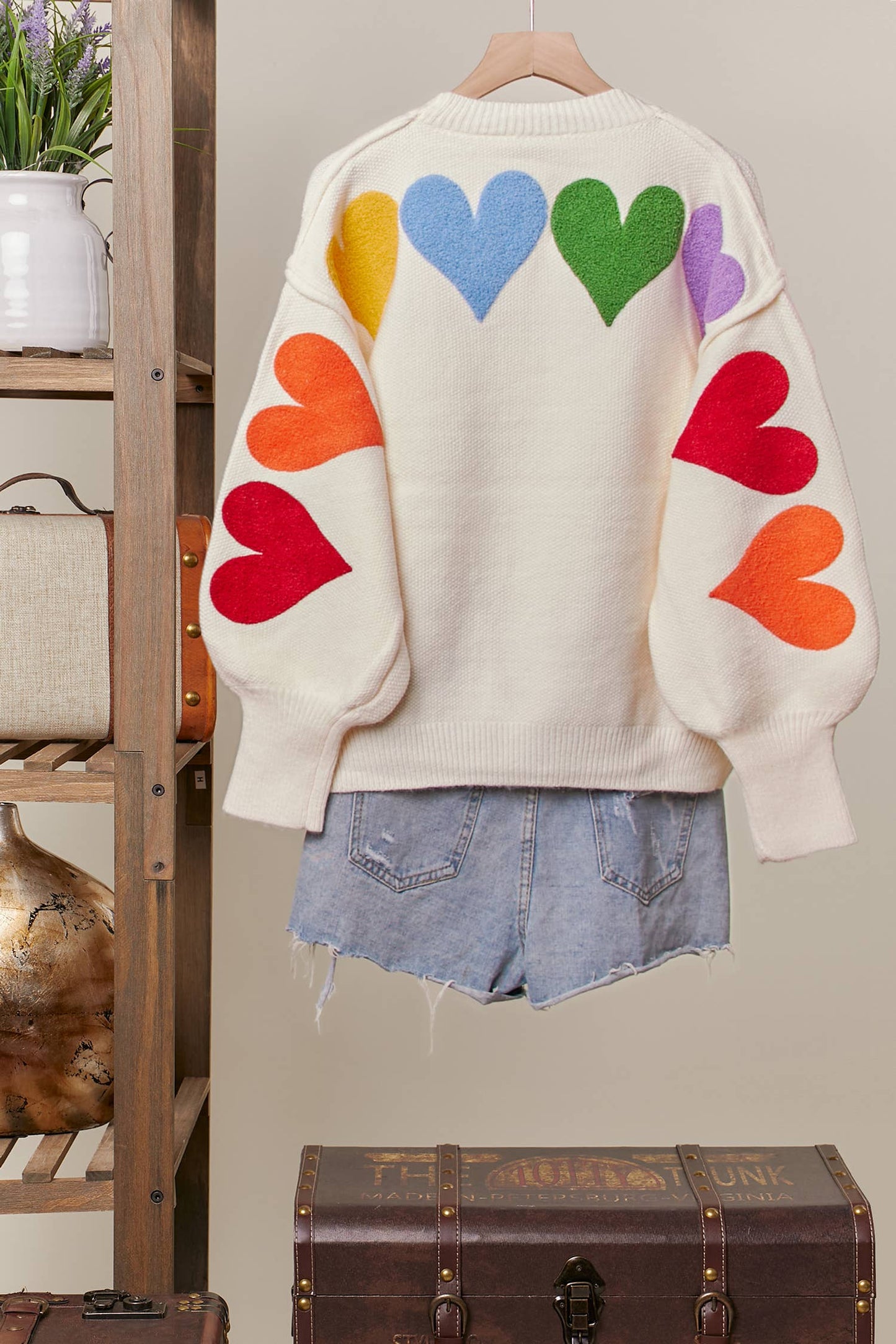 Rainbow Heart Shaped Patch Sweater: Ivory Multi / M