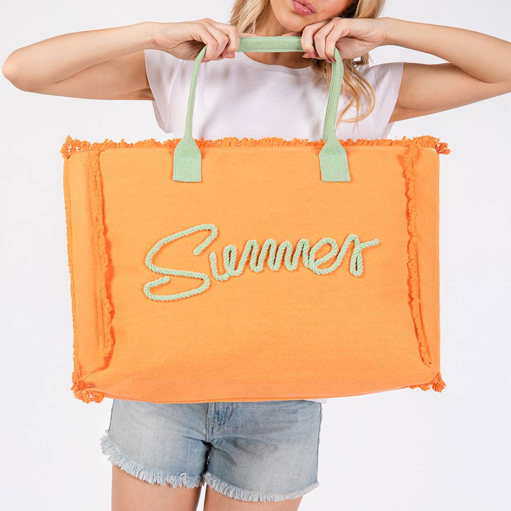 SUMMER Message Embroidered Fringe Canvas Tote Beach Bag: Blue