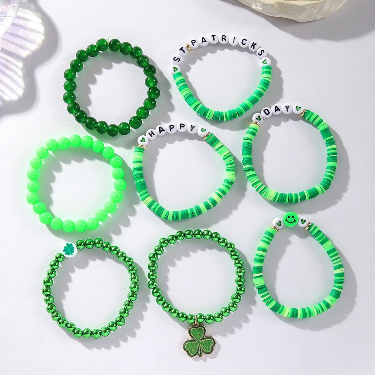 ST PATRICKS DAY BEADED LUCKY BRACELET SET_CWMM3503: Green / OS