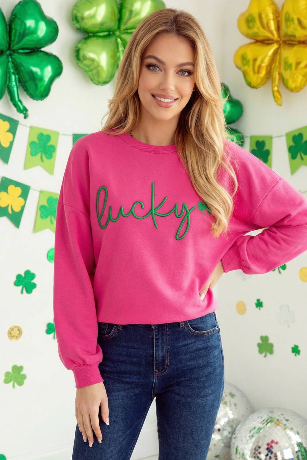 St. Patrick Lucky Clover Embroidered Pullover Sweatshirt: Rose Red / S