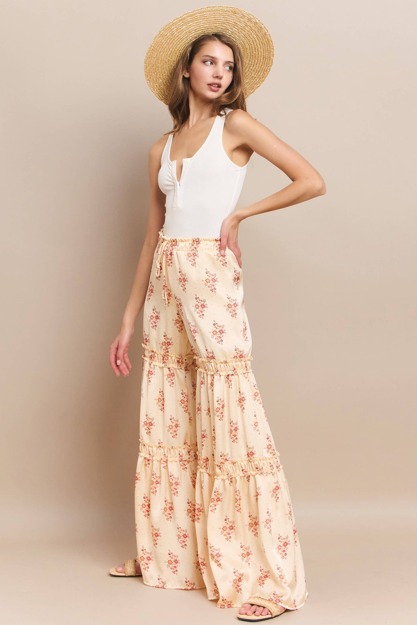 SATEEN FLORAL PRINT TIERED PALAZZO PANTS W2373PB BEIGE : Beige / L