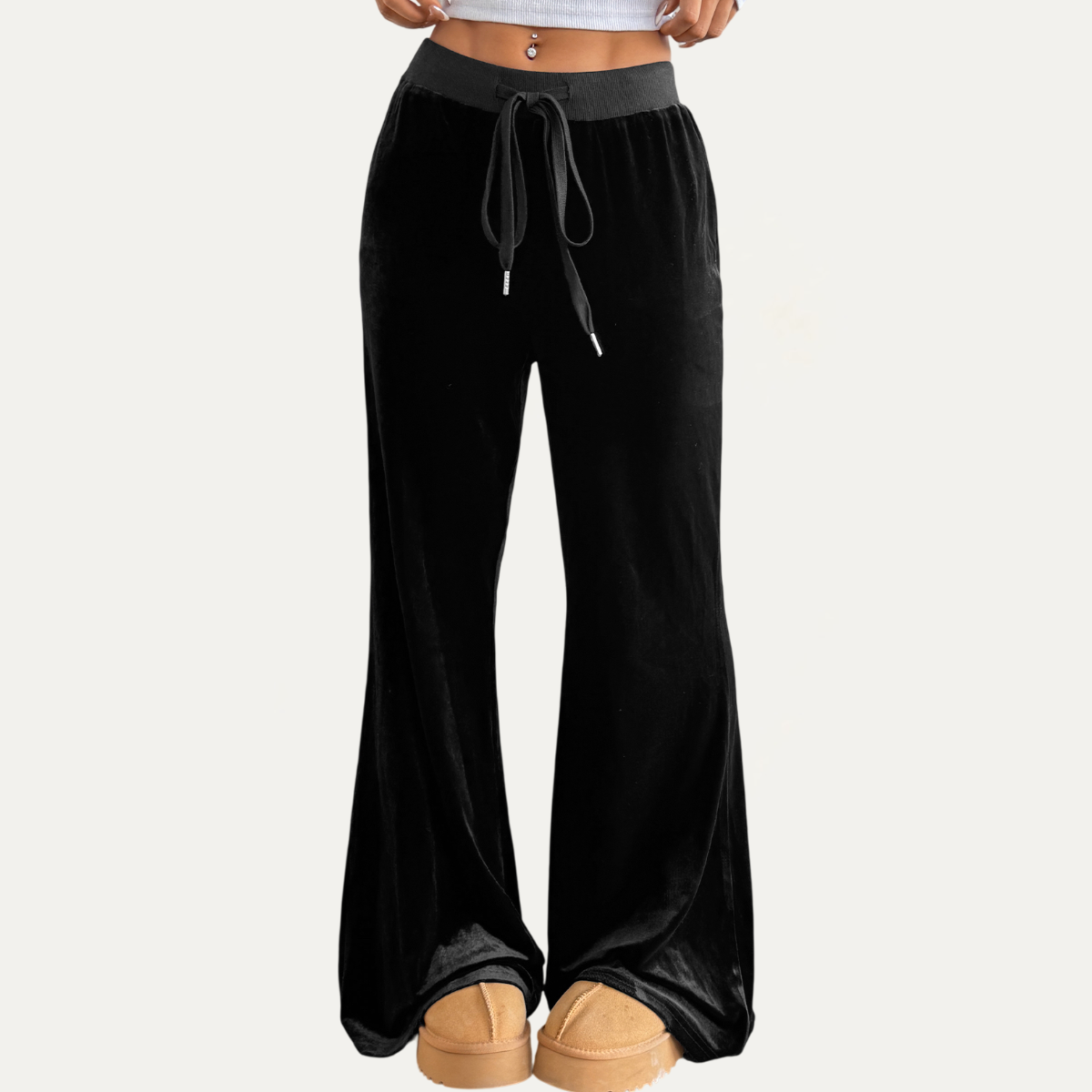Comfortable Black Velvet High-Waisted Wide-Leg Pants : Black / L