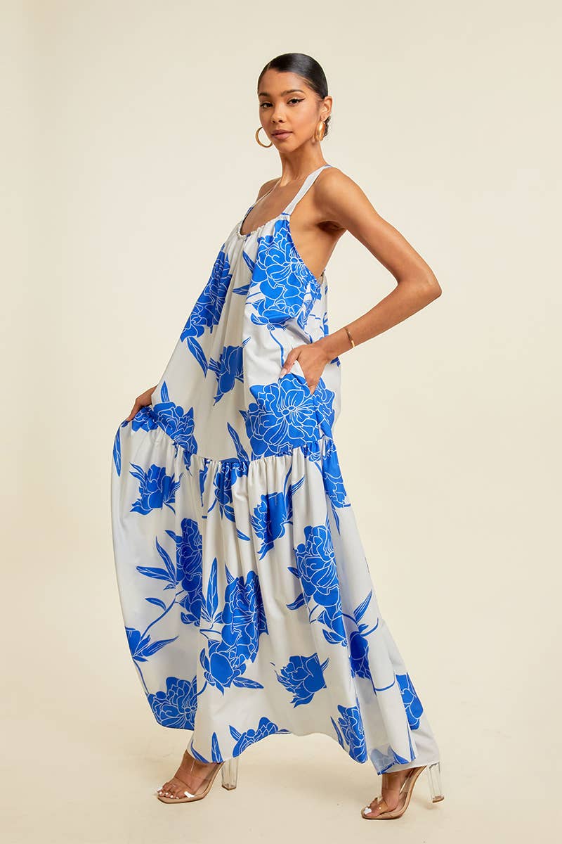 FLORAL PRINTED MAXI DRESS WITH POCKETS: Blue