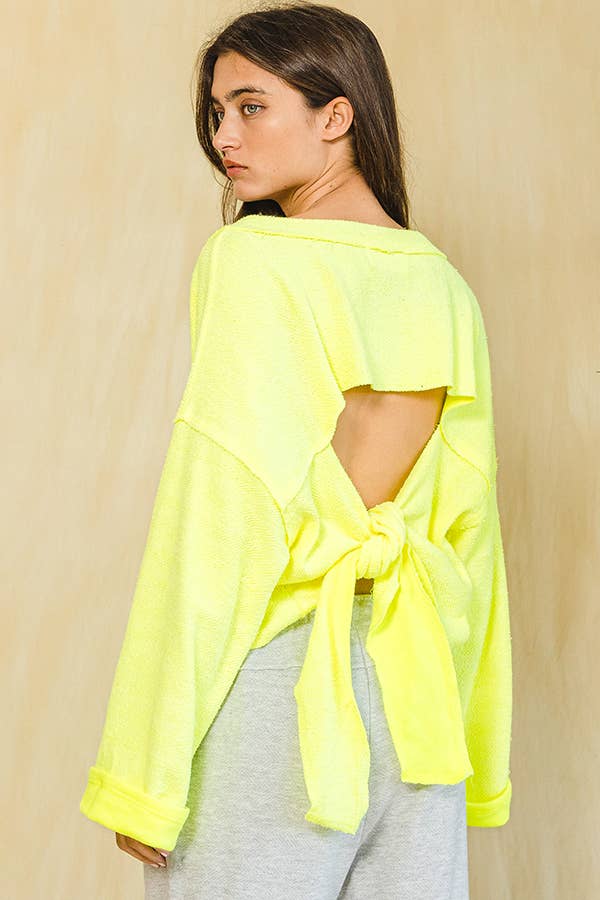 T2240 Cutout Back Adjustable Tie Pullover Crop Top: NEON YELLOW / S-M-L (2-2-2)