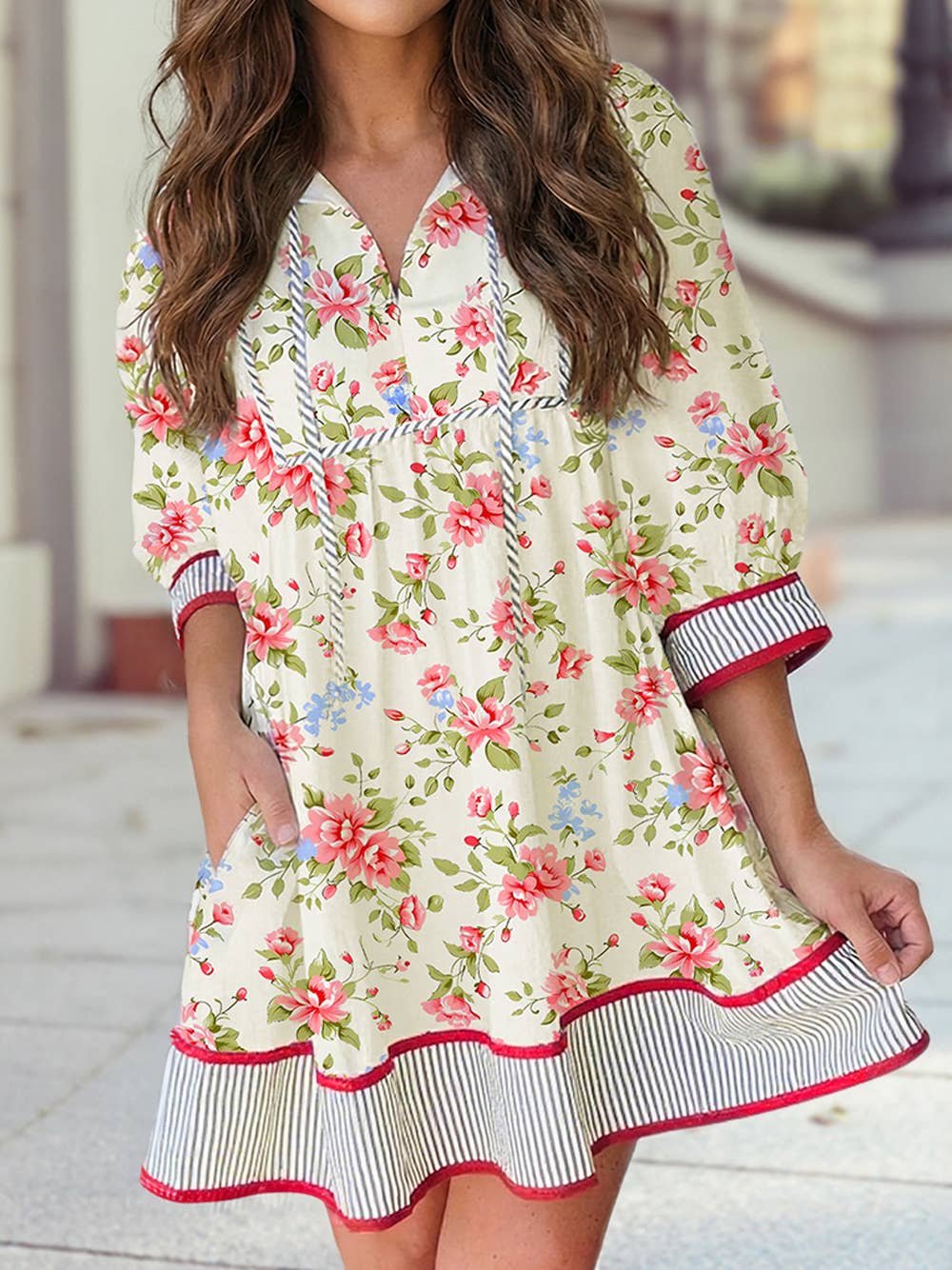 Spring 2026 Striped Edge 3/4 Puff Sleeve Floral Dress: Apricot / L
