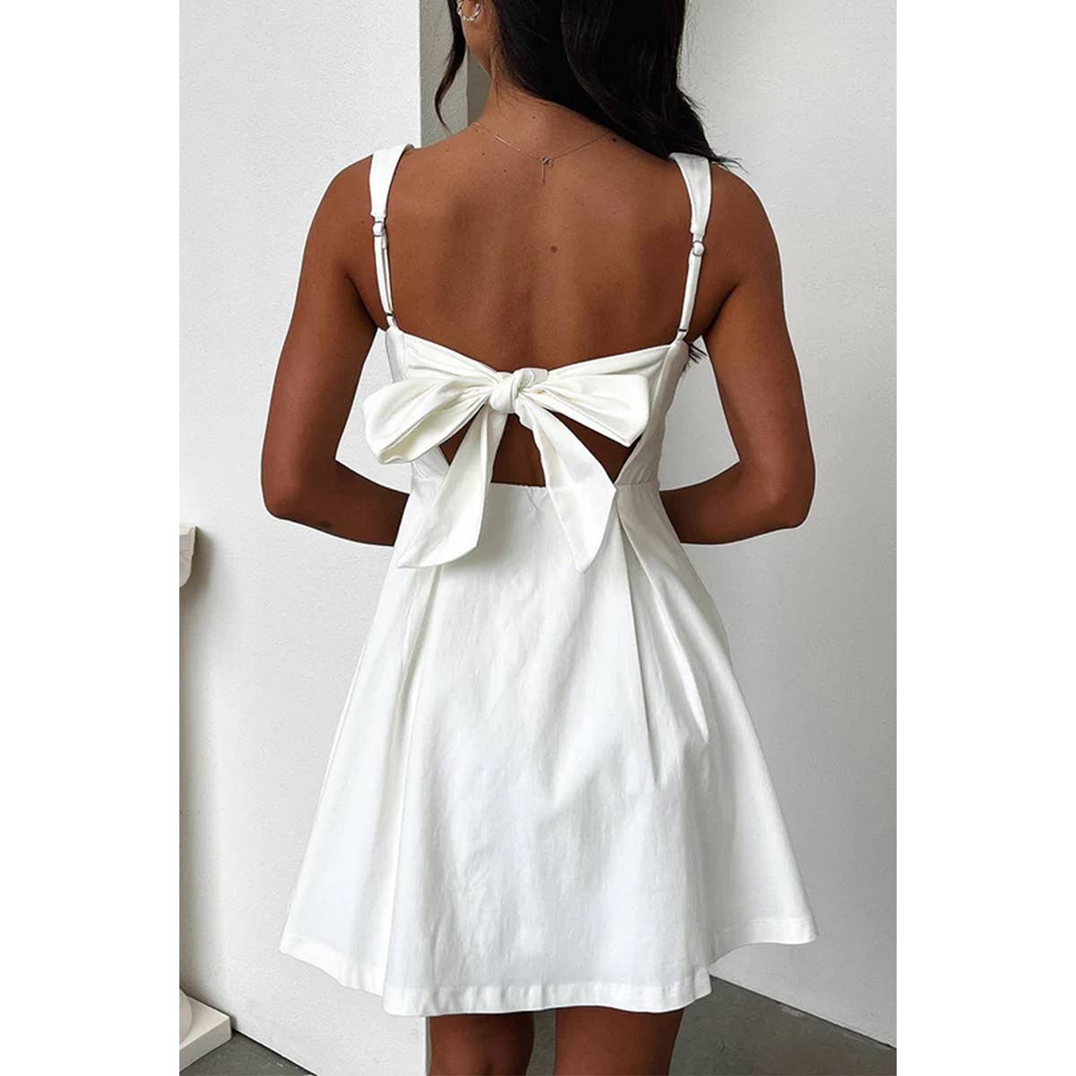 Solid Square Neck Fit Sleeveless Short Dress: WHITE / S