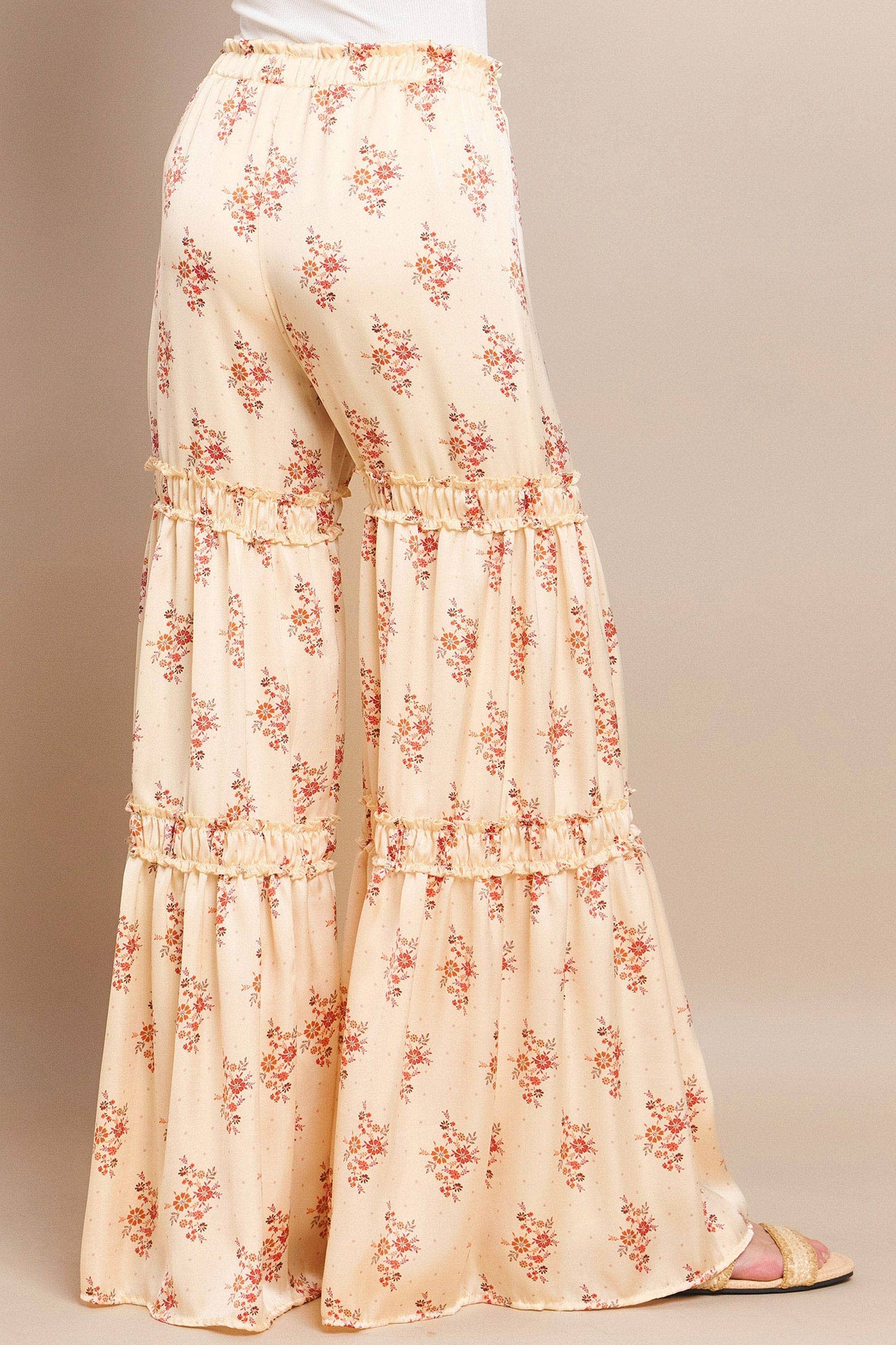 SATEEN FLORAL PRINT TIERED PALAZZO PANTS W2373PB BEIGE : Beige / L