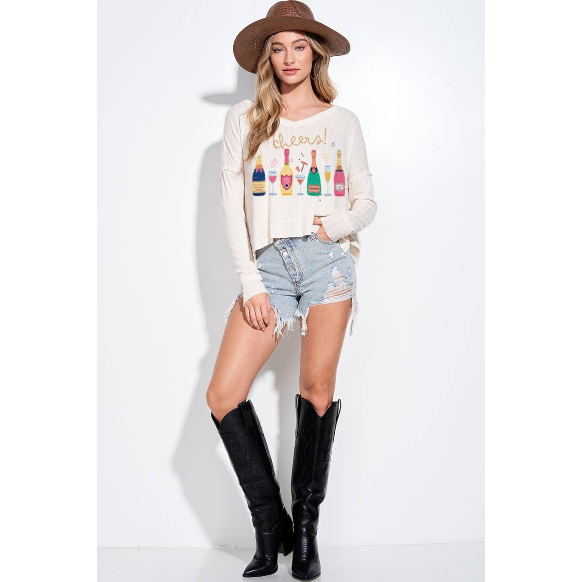 Holiday champagne bottle v neck long sleeve top: Butter / L