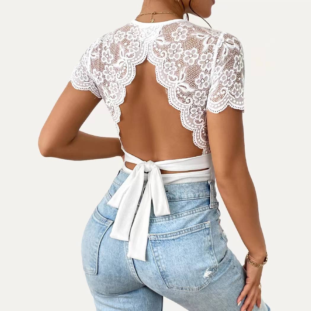 Ribbed Knit Round Neck Tie-Back Short Sleeve Bodysuit: Black / S