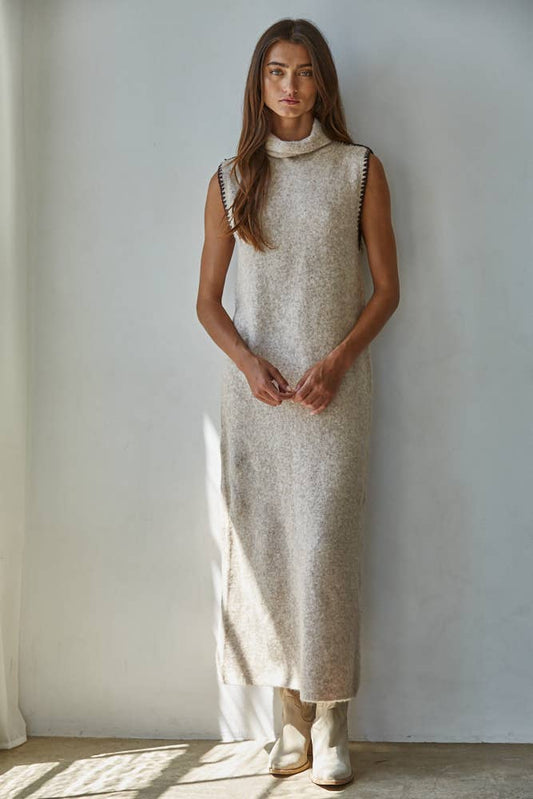 W2365 | Knit Sweater Turtle Neck Sleeveless Bodycon Maxi: Taupe / L