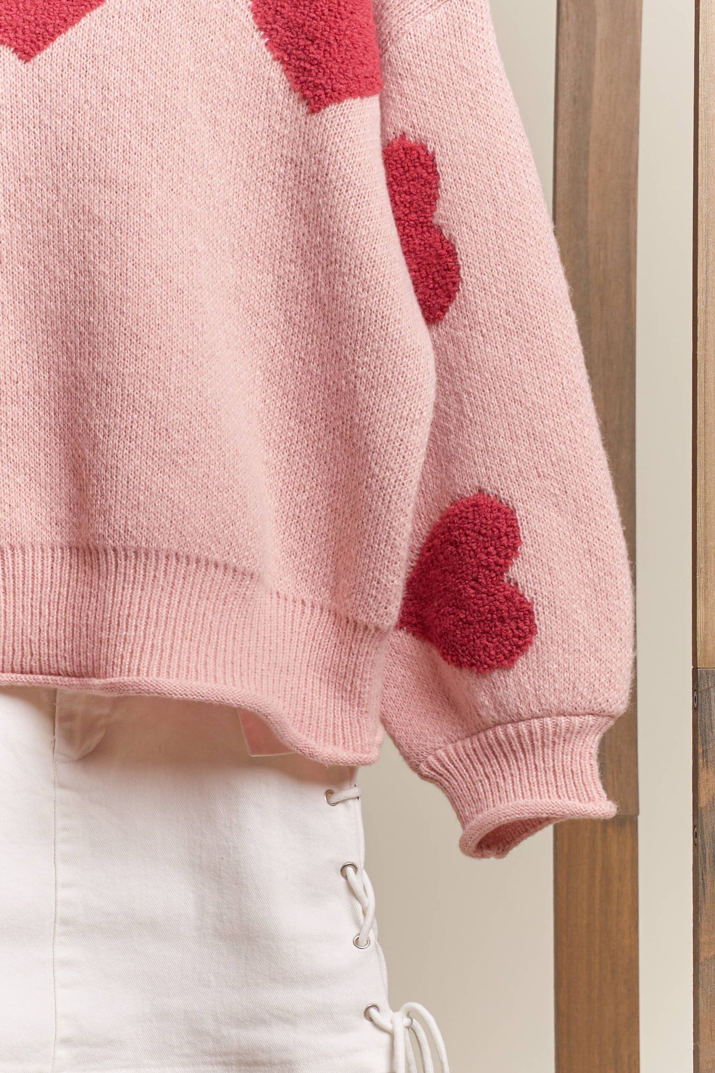Heart Patched Loose Fit Sweater: Pink / M