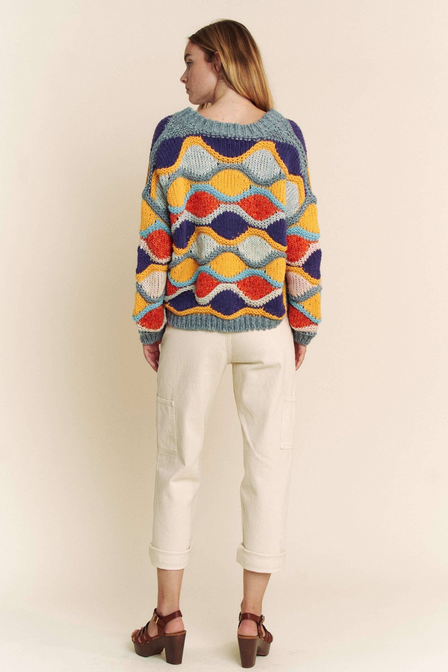 V NECK LONG SLEEVE MULTI COLOR SWEATER TOP: MULTI / S