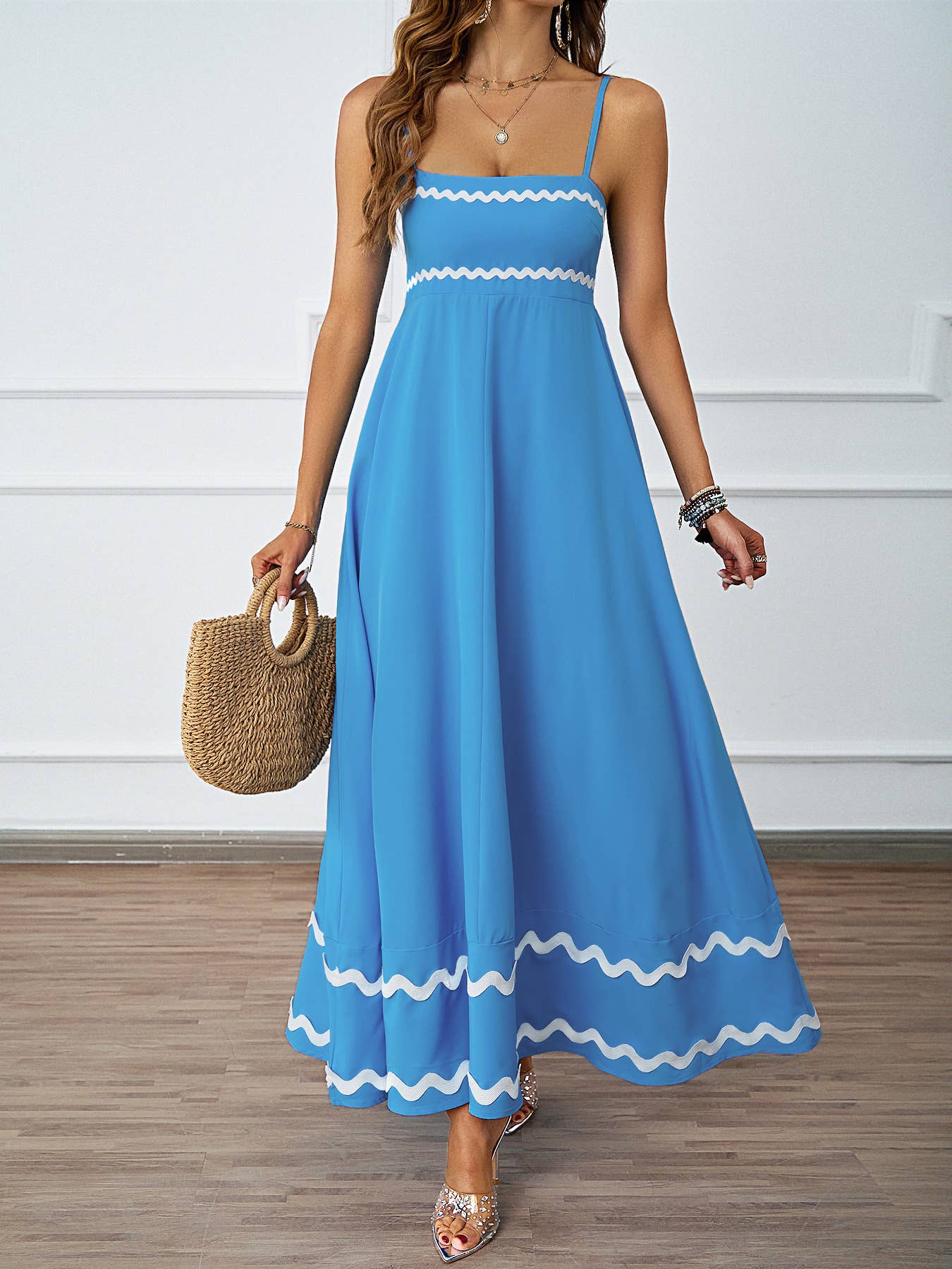 Summer Lace Patchwork Strap Bandeau Swing Maxi Dress: Blue / S