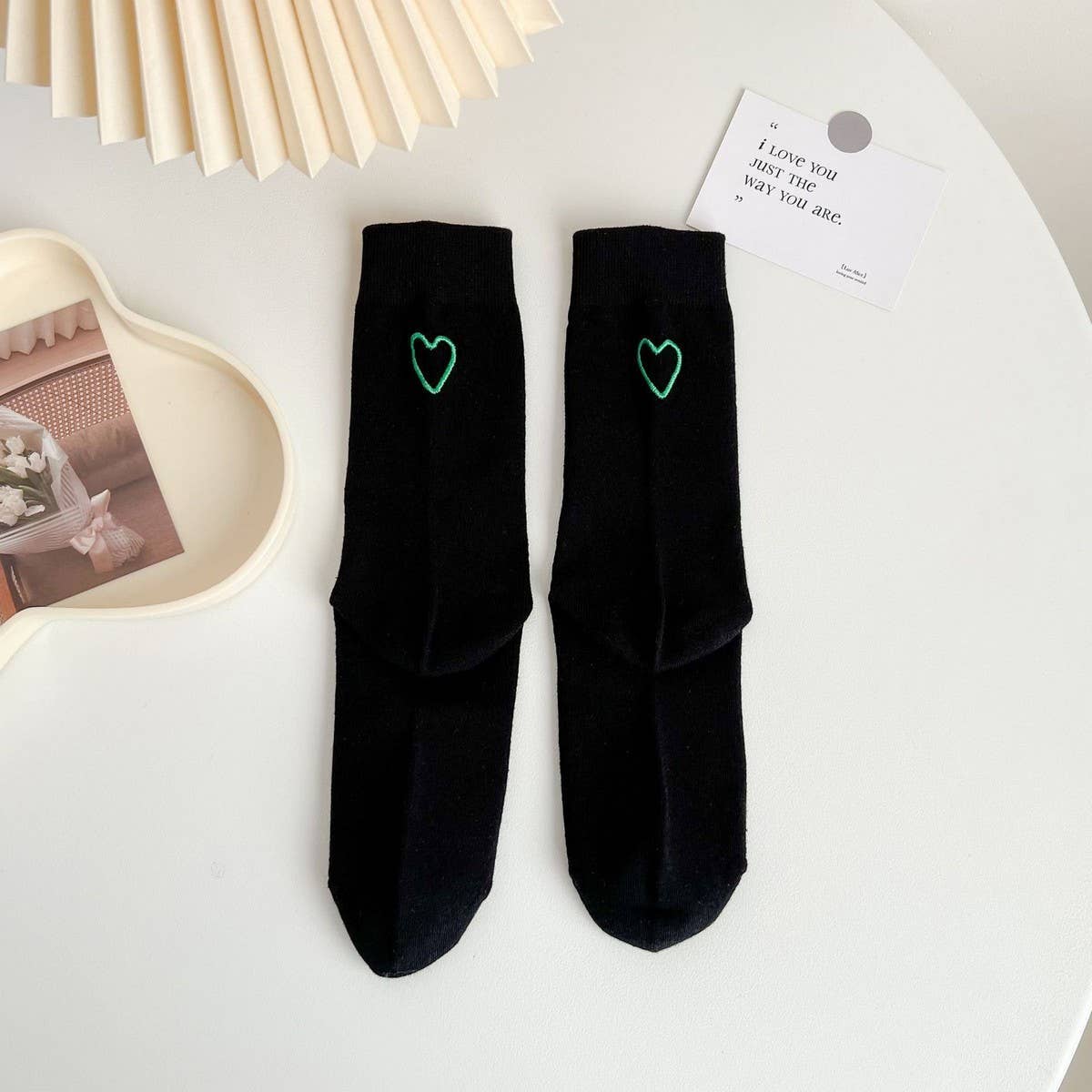 NEW COTTON ALL MATCH EMBROIDERED LOVE HEART SOCKS_CWMS1414: GREEN2 / OS
