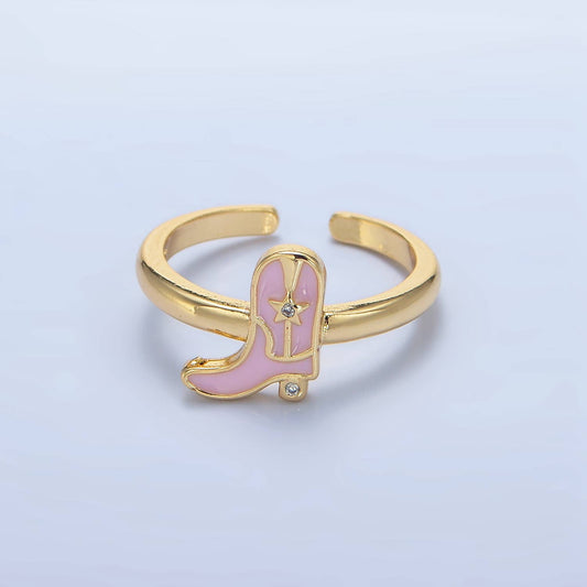 24K Gold Filled CZ Pink Enamel Cowboy Boots Ring  | O979
