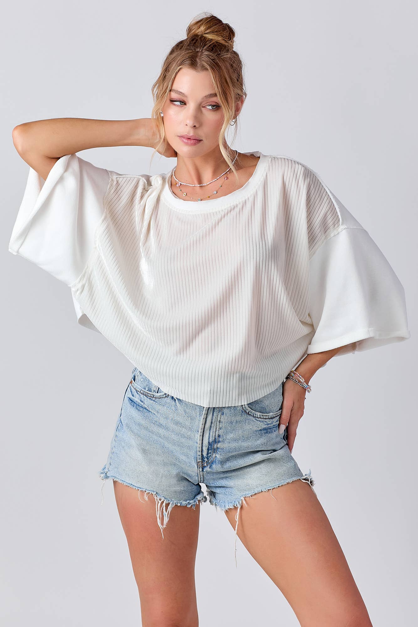 Mixed Fabric Round Neck Knit Top: IVORY / S