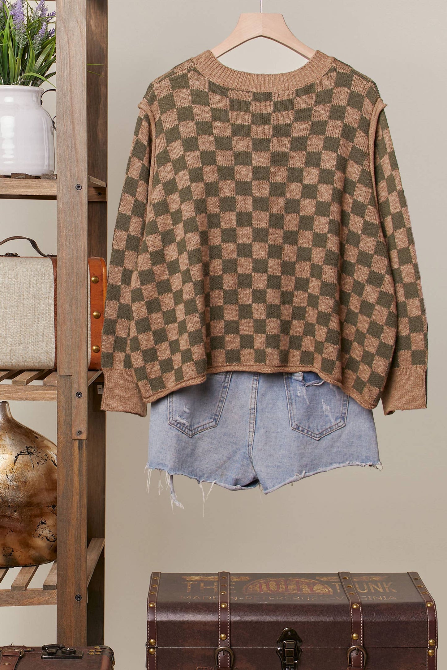 Checker Knit Sweater: Olive / M