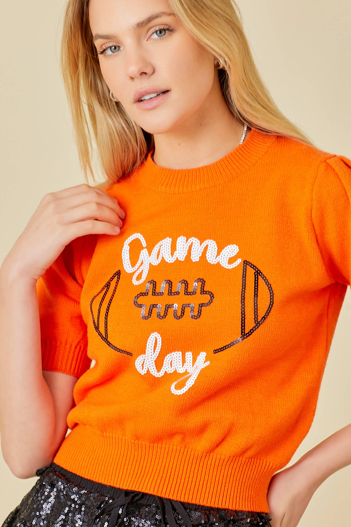 Game Day Puff Sleeve Sweater Top: Red / M